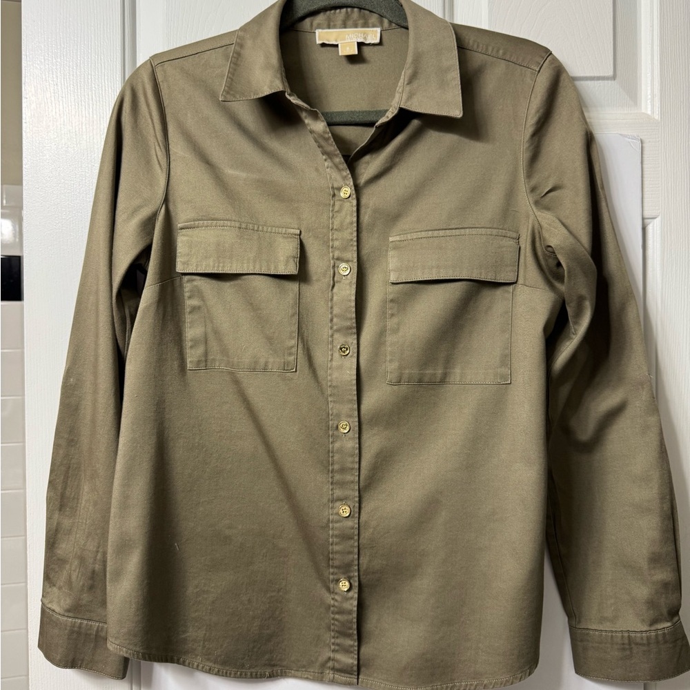 Michael Kors Blouse, 8, olive, button front, collared, long sleeve, NWOT
